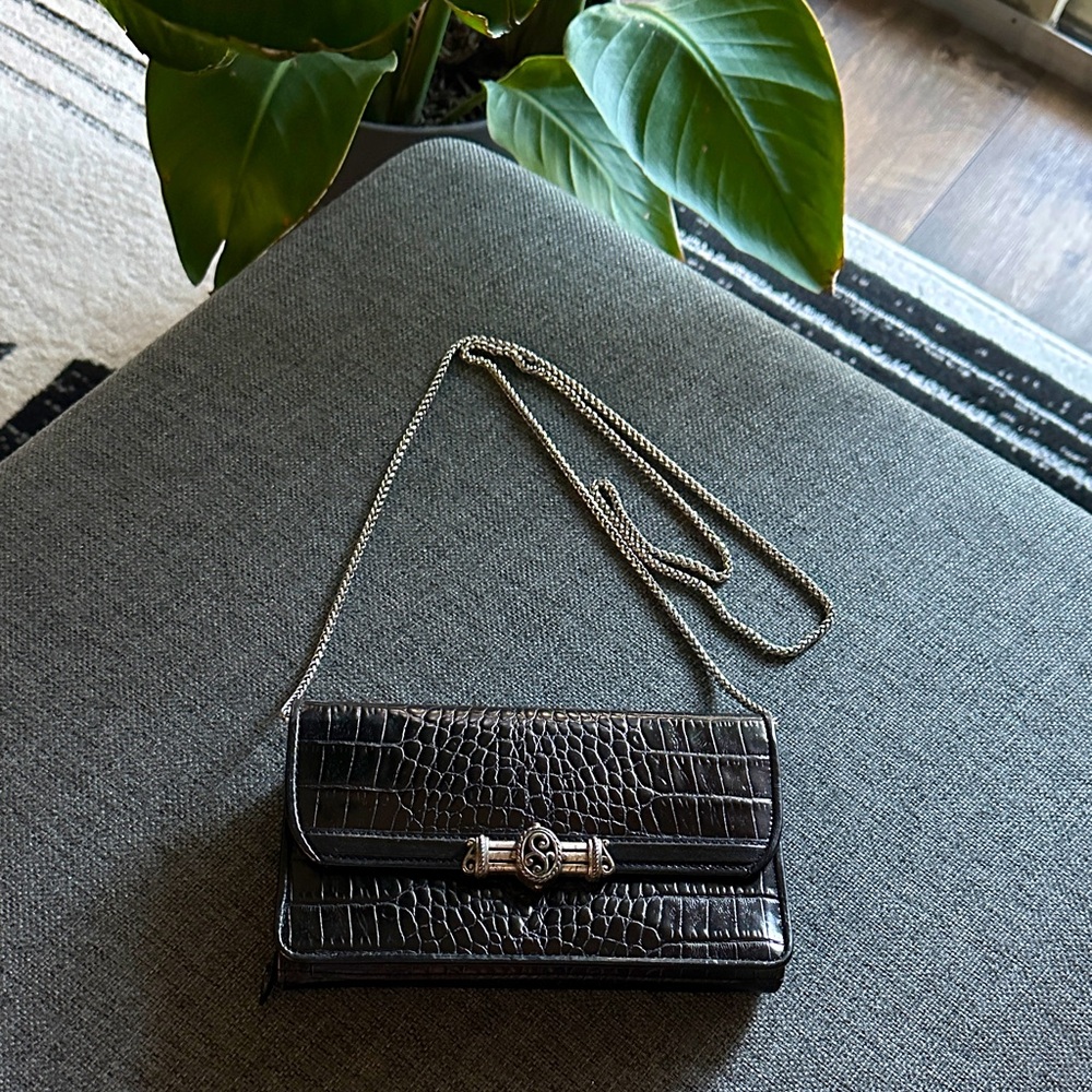 Vintage Brighton Black Faux Crocodile-Patterned Wallet Clutch with Chain